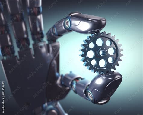 Robotic Hand Holding A Gear Concept Of Mechanical Engineering And