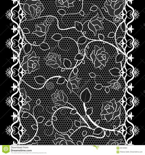 White Lace Seamless Pattern With Roses On Black Background Stock Vector