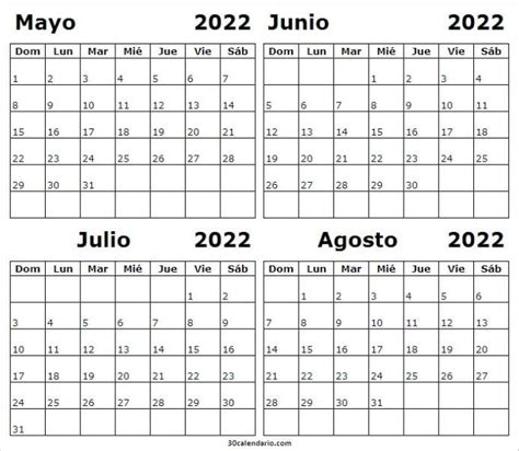 Calendario Mes Mayo Junio Julio Agosto 2022 Calendario En Blanco