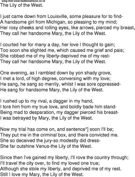 Old Time Song Lyrics For 08 The Lily Of The West
