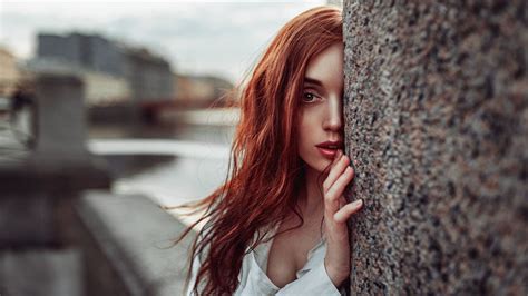 georgy chernyadyev women redhead long hair messy hair looking at viewer lipstick lip
