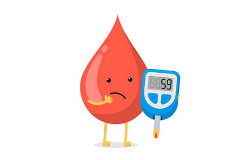 Cute Cartoon Doubt Blood Drop Character With Glucometer Diabetic