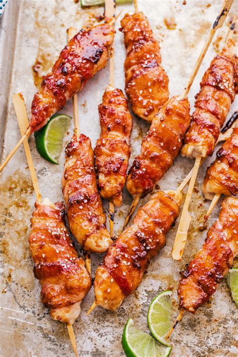 Have you ever baked chicken kabobs in oven? Honey Garlic Bacon Wrapped Chicken Kabobs | The Food Cafe ...