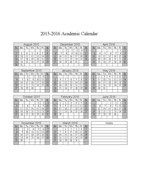 2015 2016 Academic Calendar Template Hq Template Documents