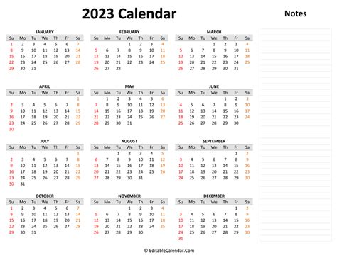 2023 Yearly Calendar Template Word Printable Calendar 2023