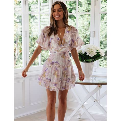 Pink Ruffles Mini Dress Women 2019 Clothes Summer Flare Short Sleeve V