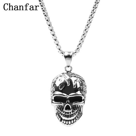 Chanfar Gothic Skull Head Pendant Necklace Mens Stainless Steel Charm