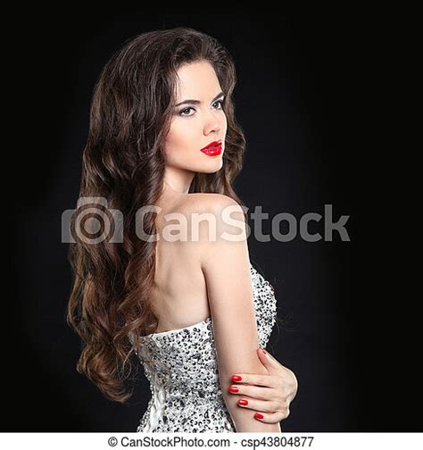 Beauty Model Beautiful Sexy Brunette With Red Lips Long Healthy Curly Hair And Manicured Nails