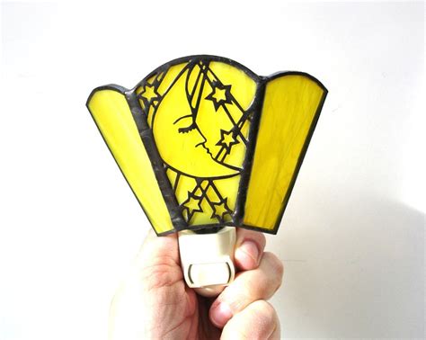 Moon Nightlight Stained Glass Man In The Moon Yellow Night Etsy