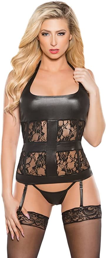 Allure Lingerie Kitten Halter Style Lace And Wet Look Corset Black O S Health