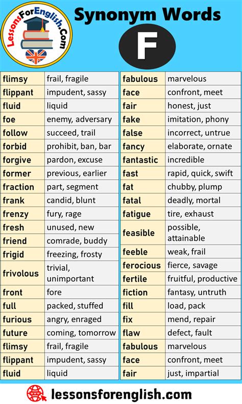 Synonym Words Starting With F Lessons For English