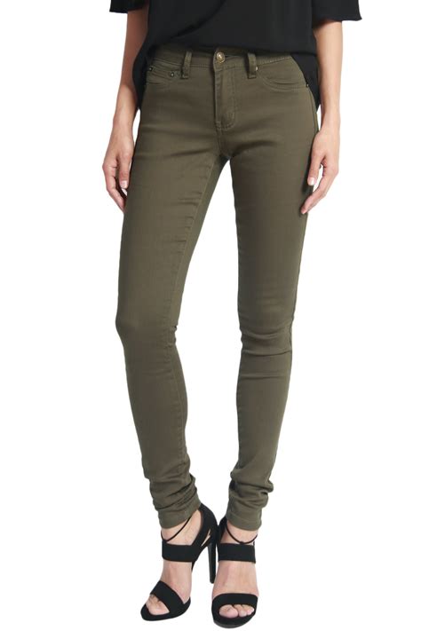 themogan women s army olive green 5 pocket stretch denim low rise skinny jeans