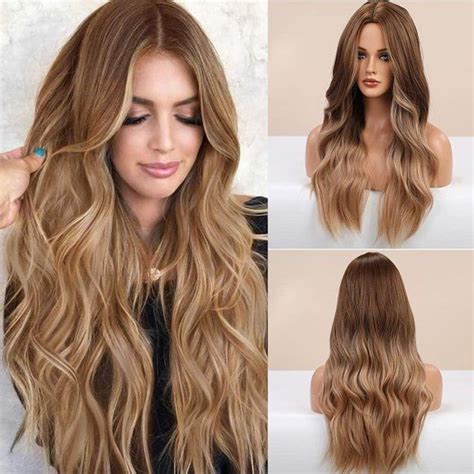 Wavy Wigs 26 Inches Long Synthetic Brown Grandient Cheveux Longs