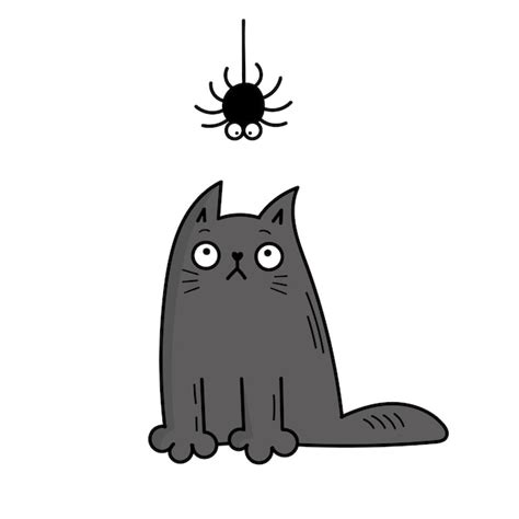 Premium Vector A Cute Gray Cat Looks At A Spider Halloween Doodle