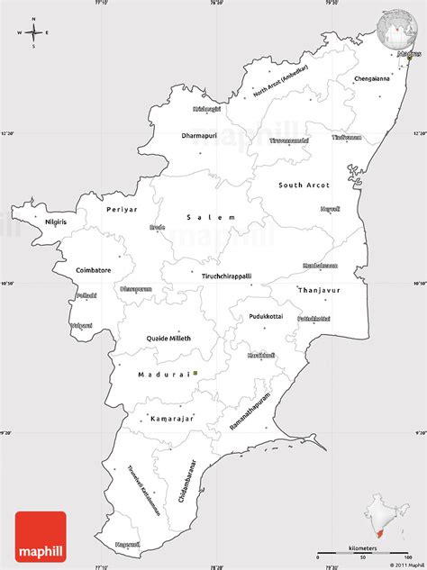 Tamil nadu is located in the southernmost part of the india. Silver Style Simple Map of Tamil Nadu, cropped outside
