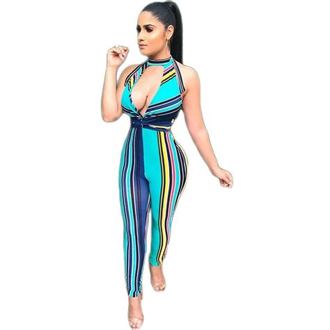 Colorful Striped Romper Women Bodycon Jumpsuit Summer Playsuit Ruched Cut Hollow Out Front