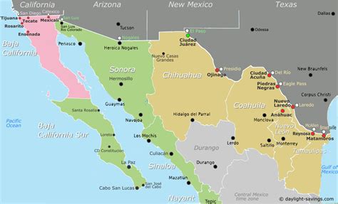 ciudades fronterizas entre estados unidos y méxico hora actual y zona horaria mapa