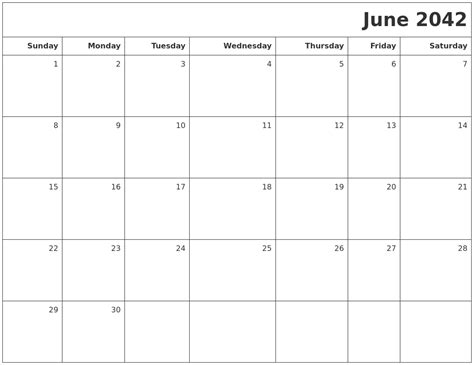 June 2042 Printable Blank Calendar