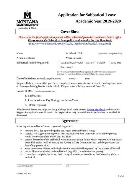 A Cover Sheet For Sabbatical Leave Application Missouri Doc