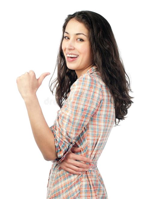 Young Woman Pointing Behind Her Stock Photo Image Of Looking Lady