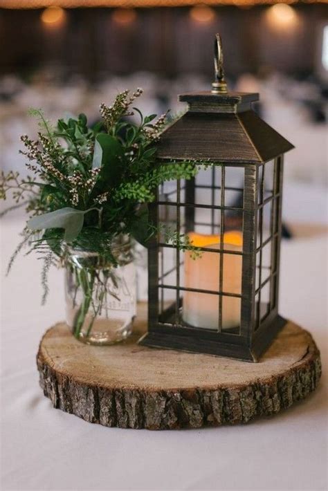 Black Lantern Greenery And Tree Stump Wedding Centerpiece Lantern
