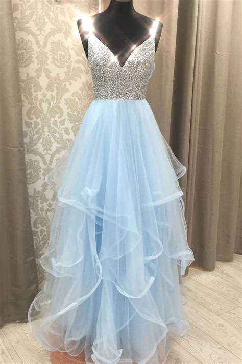 Gorgeous V Neck Light Blue Beaded Long Prom Dress With Ruffles A Line