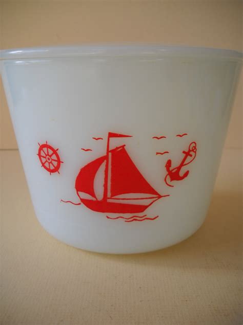 Vintage Mckee Milk Glass Red Sailboat Lidded Canister Lidded