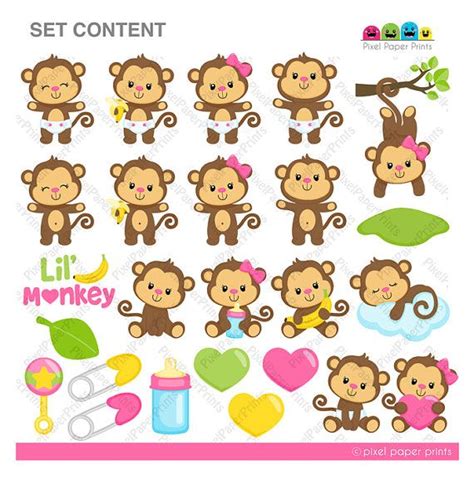 Baby Monkey Girl Clipart And Digital Paper Set Monkey