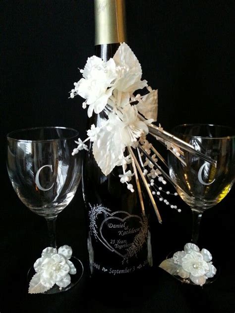 Etched Wine Bottle And Glasses Champagne Flute Wine Bottle Flute