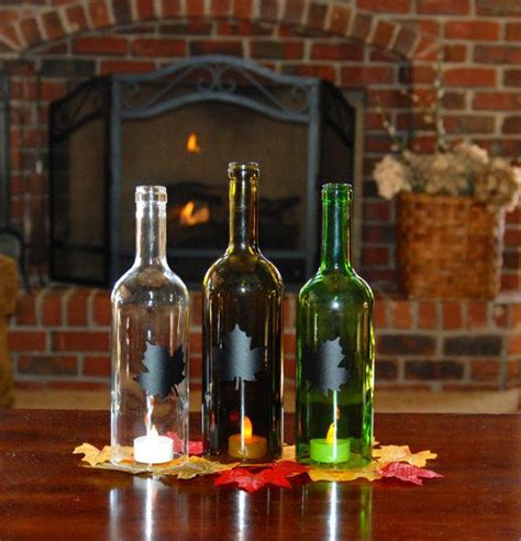 Set Of 3 Wine Bottle Hurricanes With Leaf Chalkboard Labels Etsy