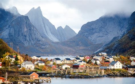 Wallpaper Norway Mountains Clouds Houses Village Coast 3840x2160