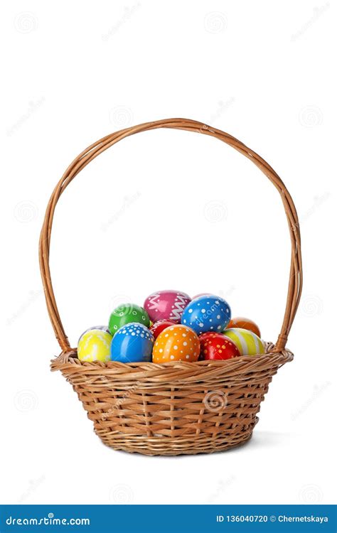 Decorated Easter Eggs In Wicker Basket On White Stock Photo Image Of
