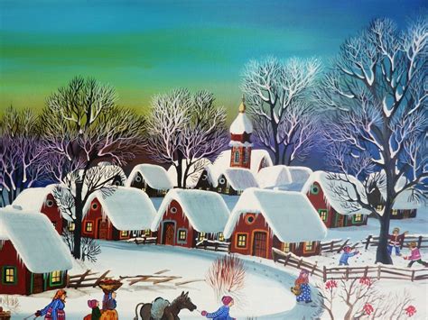 Folk Art Primitive Winter Scene Oil Painting By Naive Artist A From Dg