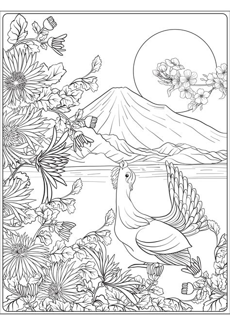 Mount Fuji And Bird Japan Adult Coloring Pages Page Art Brut