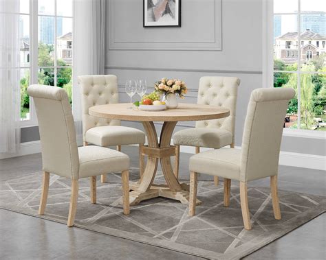 Siena White Washed Finished 5 Piece Dining Set Pedestal Round Table With Tan Upholstered Chairs