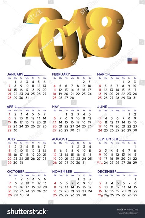 2018 Calendar English Year 2018 Calendar Stock Vector Royalty Free