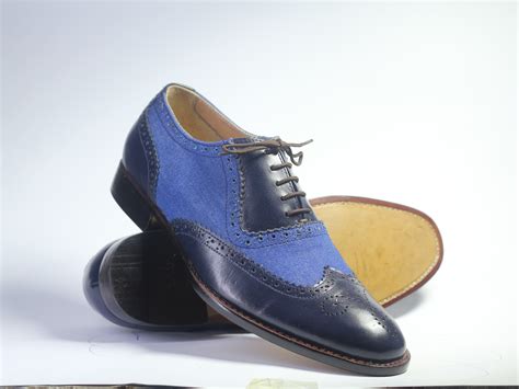 Handmade Navy Blue Wing Tip Brogue Leather Lace Up Shoes For Mens On