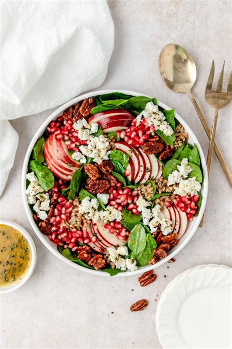 Pomegranate Spinach Salad With Apples Goat Cheese Barley Sage