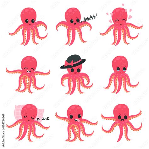 Set Of Little Pink Octopus Showing Various Emotions And Actions