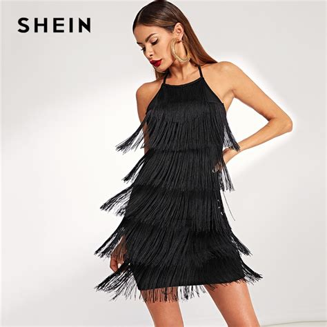 SHEIN Black Layered Fringe Detail Halter Dress Going Out Sleeveless