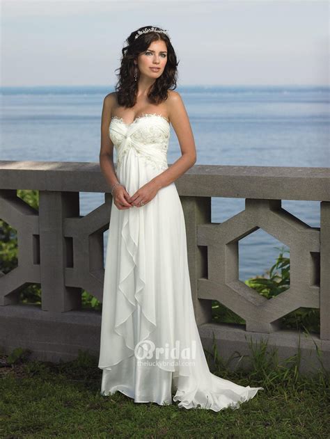Empire Waist Ivory Chiffon Beach Wedding Dress Lace Strapless