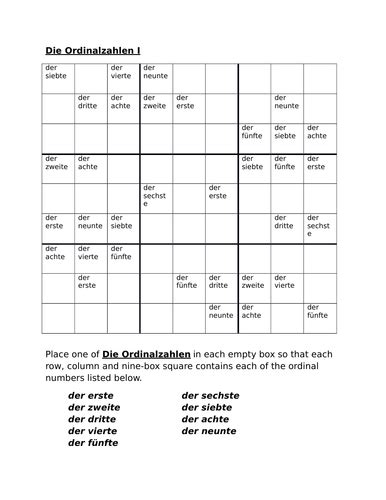 Zahlen Ordinal Numbers In German Sudoku Teaching Resources