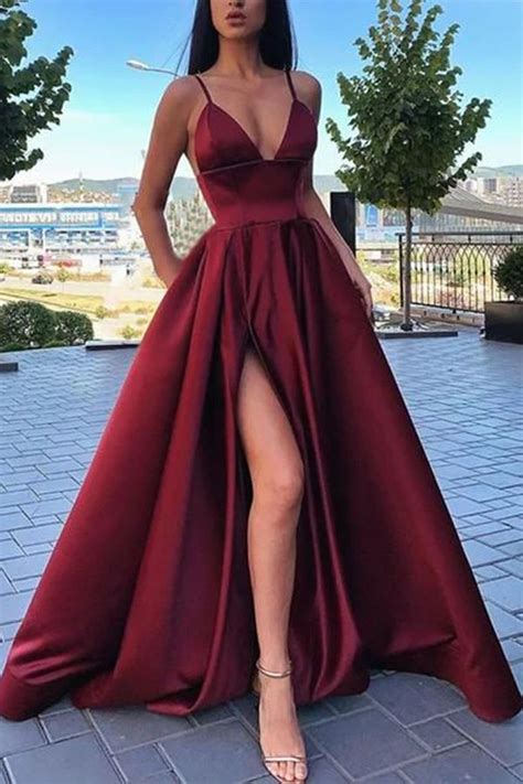 Simple Dark Red Satin Ball Gown V Neck Spaghetti Straps Prom Dress With Pockets Sp Trendy