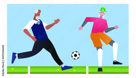 Flat Characters Of Amateur Mature Men Playing Football Or Soccer