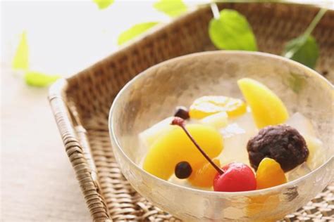 make anmitsu a japanese dessert of jelly fruit and sweet red beans