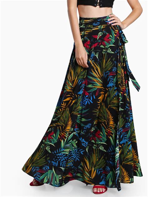 Tropical Print Self Tie Wrap Skirt Sheinsheinside