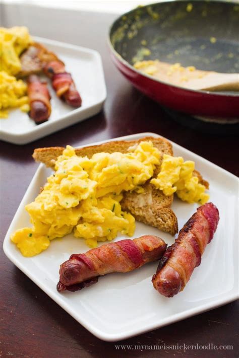 Chive Scrambled Eggs With Bacon Wrapped Sausage My Name Is Snickerdoodle