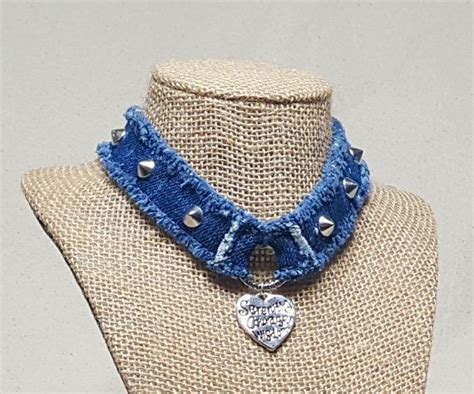 Denim Choker Necklace Handmade From Recycled Blue Jean Denim With Metal