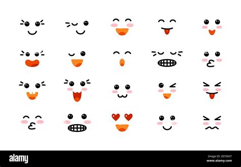 Kawaii Cute Smile Emoticons Cartoon Faces Set Expression Faces Japanese Anime Style Anime