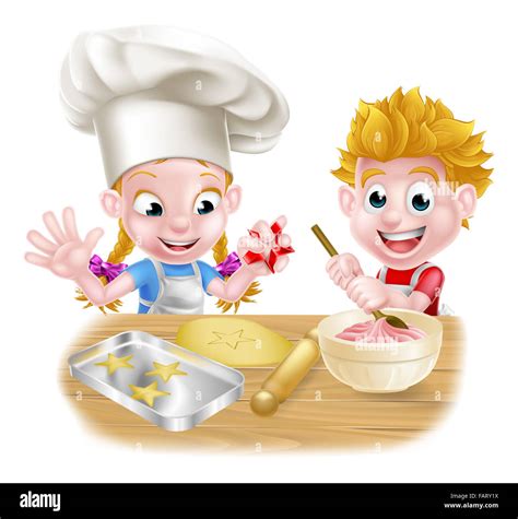 Cartoon Children Baking And Cooking As Chefs In The Kitchen Stock Photo